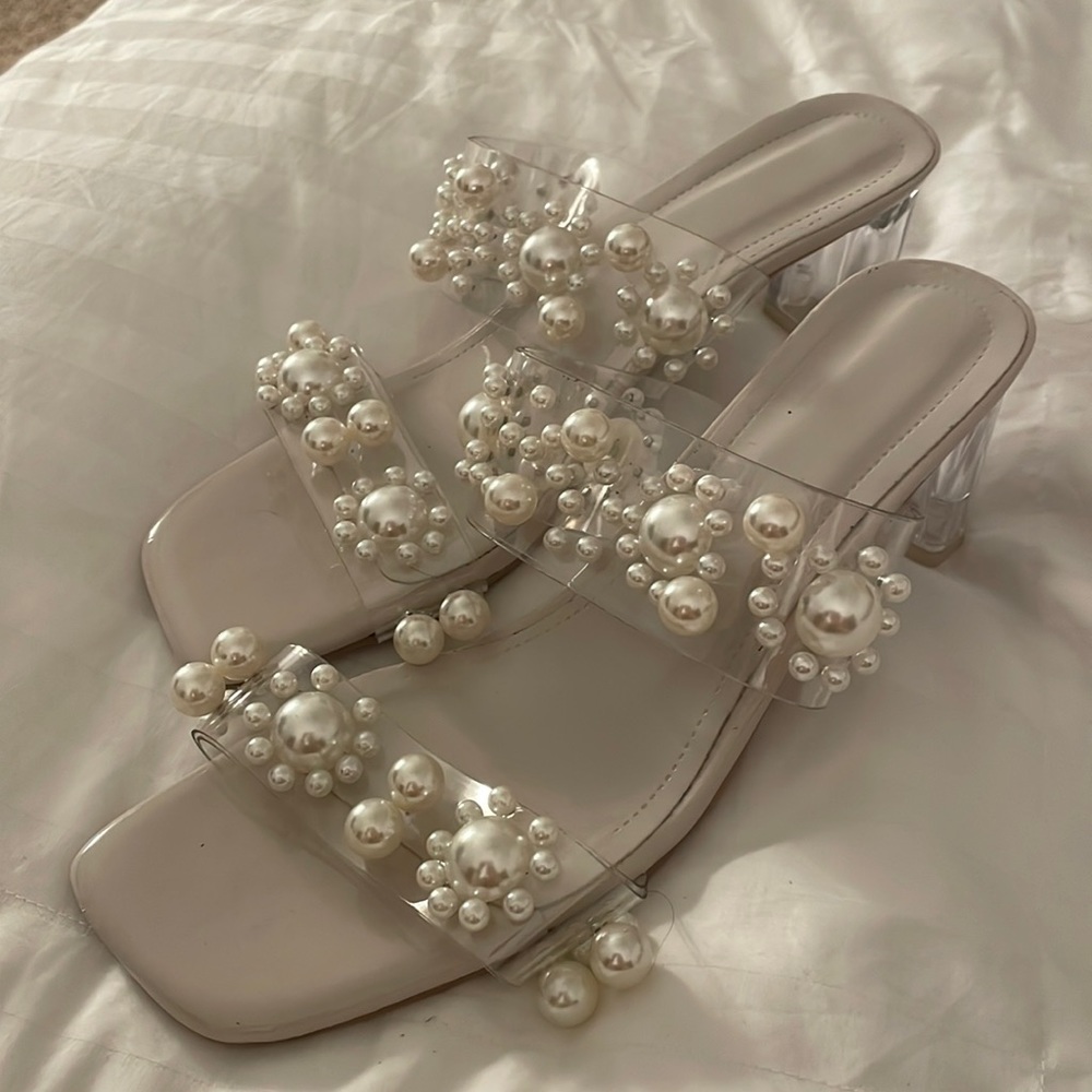 White pearl clear block heel sandal